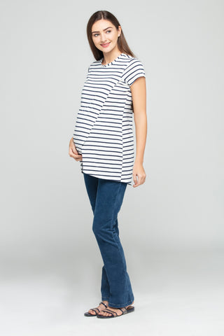 Half Sleeves Striped Top - Blue and white