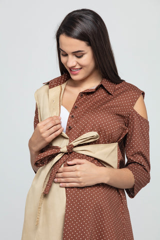 Three Fourth Sleeves From Work To Playdates Maternity Nursing Midi Dress - Brown