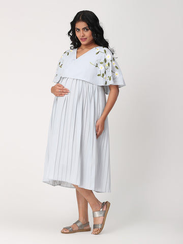 Luxe Embroidered Accordian Pleated Maternity/Nursing Dress