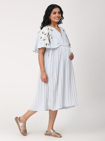 Luxe Embroidered Accordian Pleated Maternity/Nursing Dress