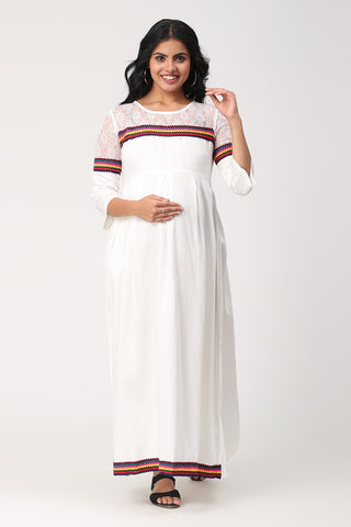 Lace Yoke Fit _ Flare Maternity Maxi Dress