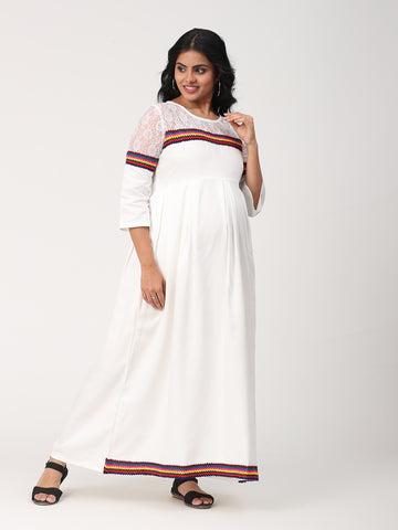 Lace Yoke Fit _ Flare Maternity Maxi Dress