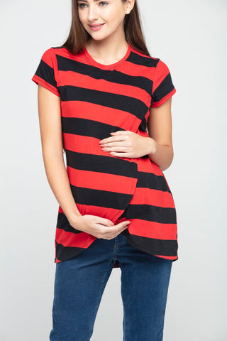Half Sleeves Striped Top - Red and black