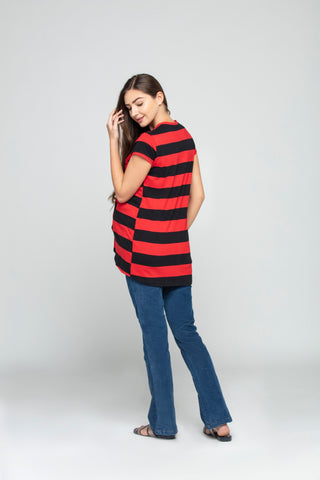 Half Sleeves Striped Top - Red and black