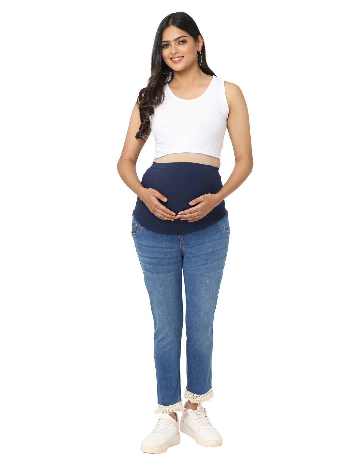Ankle length Flare Maternity Jeans with Tassels - Blue