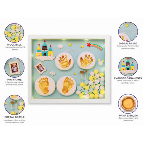 Baby Clay Handprint & Footprint Wooden Frame with LED Light Safe and Non-Toxic Clay | New Born Gift | 1ST Birthday Gift | Baby Shower Gift (Blue Castle)