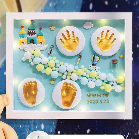 Baby Clay Handprint & Footprint Wooden Frame with LED Light Safe and Non-Toxic Clay | New Born Gift | 1ST Birthday Gift | Baby Shower Gift (Blue Castle)