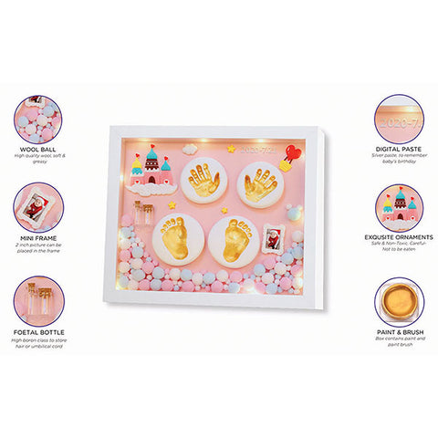 Baby Clay Handprint & Footprint Wooden Frame with LED Light Safe and Non-Toxic Clay | New Born Gift | 1ST Birthday Gift | Baby Shower Gift (Pink Castle)