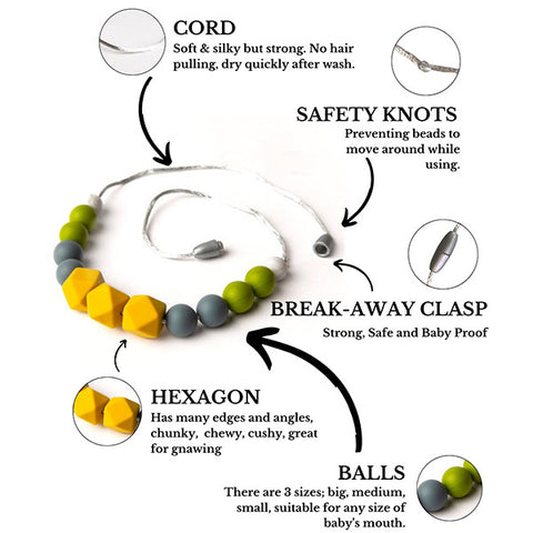 Coal and Canary Teething Jewelry for Moms to Wear, Breastfeeding/ Nursing Necklace, Teethers Sensory Chewing for (0-1 Year). BPA Free, Silicon Beads/ Certified/ 100% Food Grade