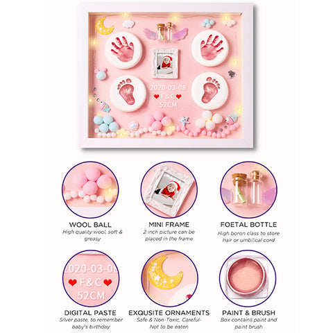 Baby Clay Handprint & Footprint Wooden Frame with LED Light Safe and Non-Toxic Clay | New Born Gift | 1ST Birthday Gift | Baby Shower Gift (Pink)