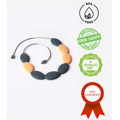 Orange and Coal Teething Jewelry for Moms to Wear, Breastfeeding/ Nursing Necklace, Teethers Sensory Chewing for (0-1 Year). BPA Free, Silicon Beads/ Certified/ 100% Food Grade